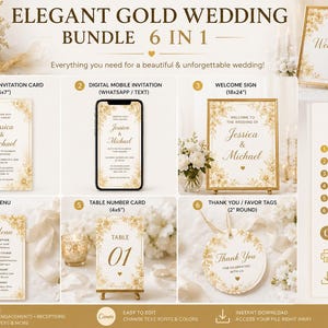Wedding Bundle Template, Editable Canva Wedding Stationery Set, Invitation Menu Welcome Sign, Table Numbers