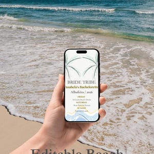 Puede incluir: Un smartphone que muestra un itinerario digital de despedida de soltera con gráficos de palmeras y el texto: BRIDE TRIBE, Anabela's Bachelorette, Albufeira / 2026, FRIDAY Arrival & Beach Drinks, SATURDAY Boat Party & Dinner, SUNDAY Farewell Brunch.