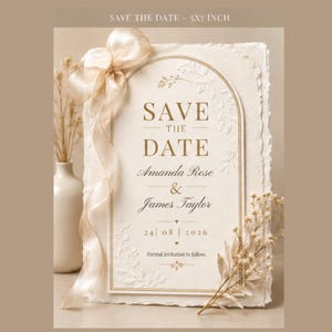 Pode incluir: Um cartão Save the Date cor de creme de 13x18 cm com borda irregular, texto em folha de ouro, moldura em arco e detalhes florais em relevo. Uma fita bege transparente está atada no canto superior esquerdo, com o texto Amanda Rose & James Taylor.