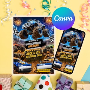 Monster Truck Birthday Invitation, Grave Digger Jam Party Invite Canva, Editable 3D Big Wheels Racing Boy Mobile Download Card