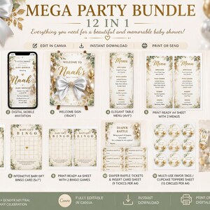 Pode incluir: Um conjunto de festa 12 em 1 para chá de bebê com convites, placas de boas-vindas, menus, cartões de previsão, jogos de bingo, bilhetes de rifa, etiquetas de presente e uma faixa, decorados com balões dourados e laços brancos.