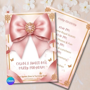 Pink Bow Birthday Party Program, Coquette Princess Itinerary Canva, Editable Gold Brooch Girl Time Schedule Mass Card Template 5x7 Chloe