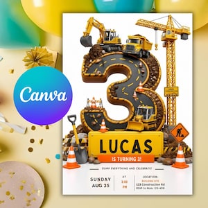 Construction 3rd Birthday Invitation, Printable Dump Truck Party Invite Canva, Editable 3D Tractor Road Number 3 Boy Mobile Download Card