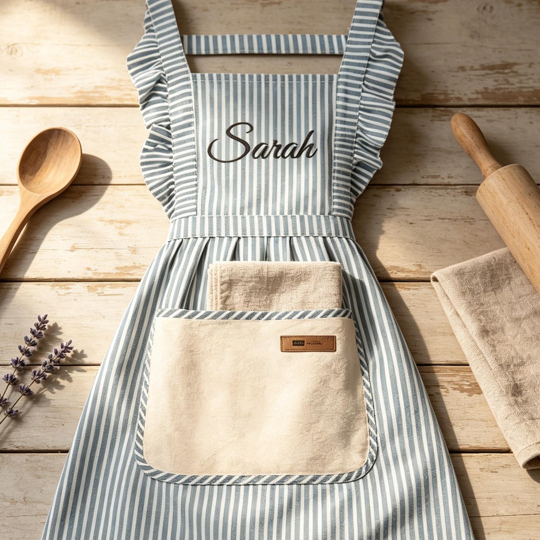 Personalized Striped Apron With Pockets, Embroidered Baking Kitchenwear ...