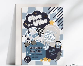 Five is a Vibe Birthday Invitation, Smiley Face Invite, Smiley face Party, kids Birthday Invitation, Canva Template, Digital Download, Photo