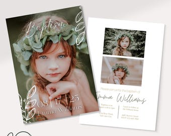 May include: A white card with a green floral border and a photo of a young girl wearing a flower crown. The text "Baptism" is written in white cursive script. The date "08/17/25" and the name "Emma Williams" are also written in white cursive script. The card also includes the text "Please join us for the baptism of Emma Williams" and the date and time of the baptism. The card also includes the address of the church and the RSVP information.