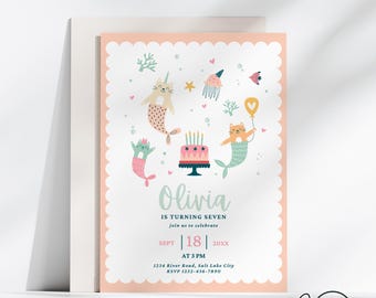 May include: A pink and white birthday invitation with a scalloped border. The invitation features a cartoon illustration of a cat mermaid with a unicorn horn, a birthday cake with candles, and the text "Olivia is turning seven, join us to celebrate, Sept 18, 20XX, at 3 PM, 1234 River Road, Salt Lake City, RSVP 1232-456-7890".