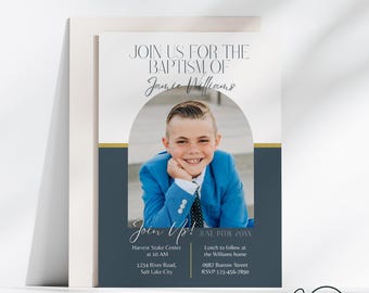 May include: Baptism invitation with a smiling boy in a blue suit. The invitation includes the text "Join Us For The Baptism Of Jamie Williams" and event details. The design incorporates a gold accent and a dark blue background.
