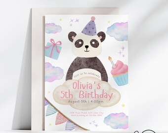 May include: A printable invitation for a 5th birthday party featuring a panda bear wearing a purple party hat. The invitation has a watercolor background with clouds and stars. The text on the invitation reads "Join us to celebrate Olivia's 5th Birthday, August 5th | 4:00pm".