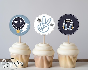 Toppers per cupcake a forma di cerchio di compleanno Five is a Vibe, compleanno Vibe, festa Emoji, faccina sorridente, toppers per cupcake, top per torta di compleanno per bambini