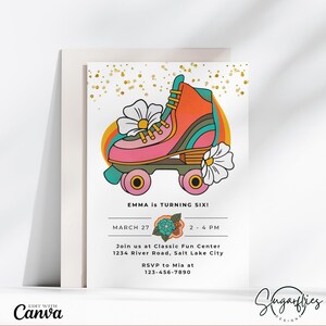 Cartão de convite de aniversário de patins retrô, convite de aniversário de patins, hippie, aniversariante, arco-íris retrô, boho, convite infantil, foto