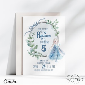 Kleine Prinzessin Geburtstagseinladung, Mädchen Prinzessin Geburtstagsparty, Gefrorenes Thema, Märchen, Canva Vorlage, Sofort Download, Foto, Elsa