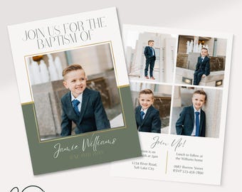 May include: A green and gold baptism invitation with a photo of a young boy in a suit. The invitation says "Join us for the Baptism of Jamie Williams June 10th, 20XX".