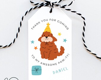 May include: A white thank you tag with a brown dog wearing a yellow party hat. The tag says "Thank you for coming to my awesome paw-ty!" and "Daniel".