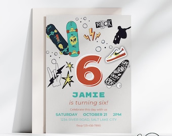 Skateboard Birthday Invitation card, Skateboard Party Invite, Skate Party, Skateboard theme, Smiley Face, Checker birthday Template