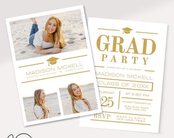 Minimalistische afstudeeraankondiging, uitnodiging afstudeerfeest, gouden afstudeerfeest uitnodiging, foto-afstudeeruitnodiging, Canva-sjabloon