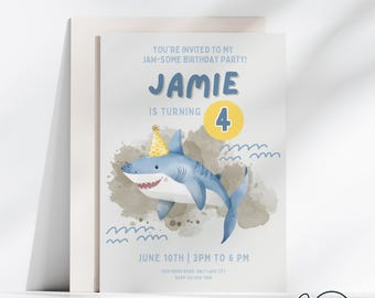 Jawsome Shark Birthday Invitation, Shark Invite, Shark Party, kids Birthday Invitation, Canva Template, Digital Download, Photo Card, Jaws