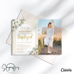 Girl LDS baptism invitation, LDS baptism announcement, Gold Floral baptism invite, Arch baptism Card, editable Canva template, digital