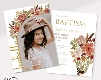 May include: Baptism invitation featuring a photo of a young person wearing a hat, with floral accents in shades of red, brown, and green. The invitation includes the name "Isabella" and event details in gold lettering.