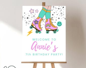 May include: A white welcome sign with a pink and yellow roller skate design. The sign says "Welcome to Annie's 7th Birthday Party!" with a rainbow and stars in the background.