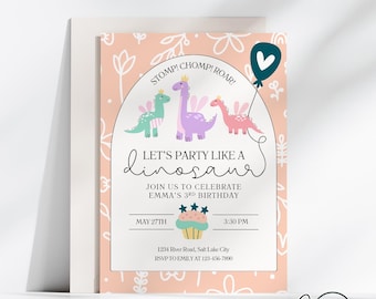 Dinosaur Birthday Invitation, Girls Dinosaur Birthday, Dinosaur Party, kids Birthday Invitation, Canva Template, Digital Download, Photo