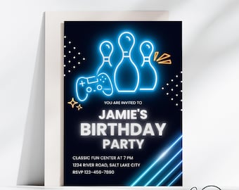May include: A blue and black birthday party invitation with neon blue bowling pins and a video game controller. The text reads "You are invited to Jamie's Birthday Party".
