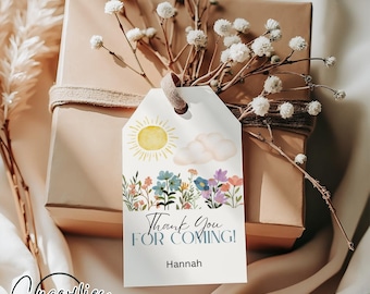 Etiquetas de agradecimiento para baby shower "Baby in Bloom", etiquetas de regalo para baby shower, etiquetas de baby shower con flores silvestres, plantilla editable, etiquetas imprimibles, etiquetas Boho Baby