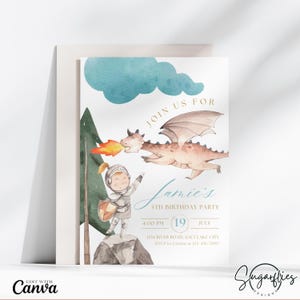 Dragon Knight Birthday Invitation, Dragon Birthday Invite, Knight Invitation, Editable Canva Template, Watercolor, Dragon Birthday, Photo