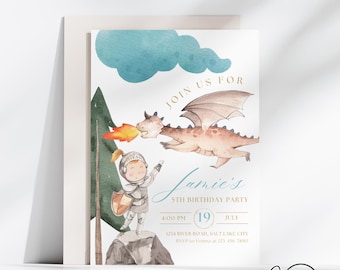 Dragon Knight Birthday Invitation, Dragon Birthday Invite, Knight Invitation, Editable Canva Template, Watercolor, Dragon Birthday, Photo