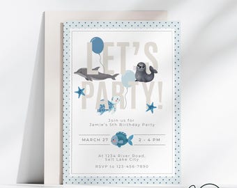 Ocean Birthday Invitation, Aquarium Birthday Invite, Under the Sea invitation, Kids Birthday, Canva Template, Digital, Custom Photo Invite