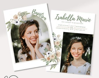 May include: A baptism invitation with a floral design and a photo of a young woman. The invitation includes the name Isabella Marie, the date May 25th, and the location 2234 River Road, Salt Lake City.