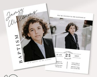 May include: A baptism invitation with a black and white design. The invitation features a photo of a young boy in a suit and the text "You're invited to the baptism of Jamie Williams." The date of the baptism is August 25, 2025, at 10 AM. The invitation also includes the address and RSVP information.