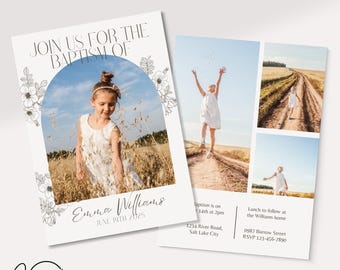 May include: A white invitation card with a floral border and a photo of a young girl in a white dress. The text on the card reads "Join us for the Baptism of Emma Williams June 14th 2025".