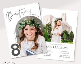 May include: Baptism invitation with a photo of a young girl wearing a white dress and a flower crown. The invitation says "Baptism of Isabella" and includes the date, time, and location of the event. It also includes the text "Choose the right!" with the number 8 in a gray circle.