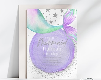 Meerjungfrau Geburtstagseinladung, Mermaid Bash unter dem Meer Geburtstag einladen, Meerjungfrau Einladung, bearbeitbare Canva Vorlage, Glitter, Meerjungfrau Party