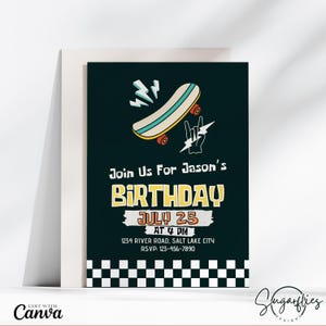 Skateboard Birthday Invitation card, Boy Birthday Invite, Skater Party, Skateboard birthday Invite, Canva Template, Checker birthday