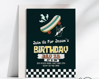 Skateboard Birthday Invitation card, Boy Birthday Invite, Skater Party, Skateboard birthday Invite, Canva Template, Checker birthday