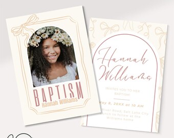 May include: A baptism invitation with a floral arch design. The invitation features a photo of a young girl wearing a white dress and a flower crown. The text on the invitation reads "Hannah Williams" and "Baptism".