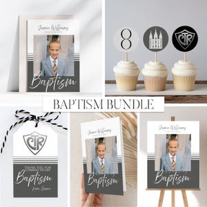 Boy LDS Baptism Bundle, Modern Boy Baptism Invitation, Custom Baptism, LDS Baptism Invite, Monochrome Grey, Printable Baptism Canva Template