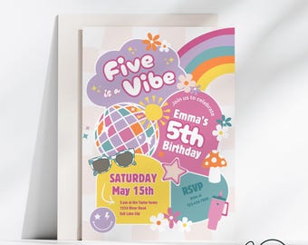 Five is a Vibe Birthday Invitation, Smiley Face Invite, Smiley face Party, kids Birthday Invitation, Canva Template, Digital Download, photo