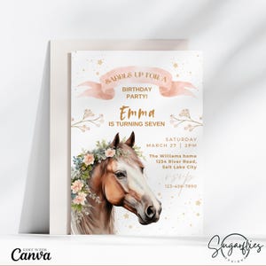 Invitación de cumpleaños de caballo, invitación de caballo, fiesta de ponis, invitación de cumpleaños infantil, plantilla de Canva, descarga digital, tarjeta de cumpleaños personalizada, foto