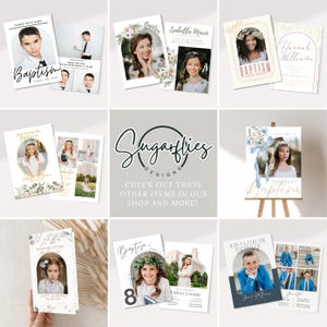 Puede incluir: Un collage de im&aacute;genes con invitaciones y se&ntilde;alizaci&oacute;n de bautismo. Las invitaciones presentan dise&ntilde;os florales, detalles dorados y fotos de ni&ntilde;os. La se&ntilde;alizaci&oacute;n incluye un cartel de bienvenida con un dise&ntilde;o floral azul y blanco y una foto de un ni&ntilde;o.