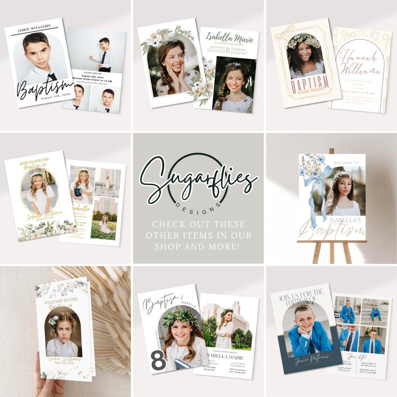 Puede incluir: Un collage de im&aacute;genes con invitaciones y se&ntilde;alizaci&oacute;n de bautismo. Las invitaciones presentan dise&ntilde;os florales, detalles dorados y fotos de ni&ntilde;os. La se&ntilde;alizaci&oacute;n incluye un cartel de bienvenida con un dise&ntilde;o floral azul y blanco y una foto de un ni&ntilde;o.