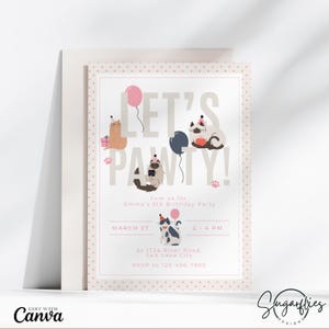 Cat Birthday Invitation, Kitty Birthday Invite, Kitty Cat invitation, Girls Birthday, Canva Template, Digital, Custom Photo Invite
