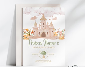 Princess Birthday Invitation, Princess Party Invite, Princess Castle, Floral Princess Invite, Girls Invitation, Canva Template, Photo, fairy