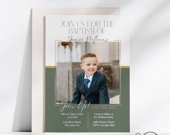 May include: Baptism invitation with a photograph of a smiling child in a suit. The invitation includes the text "Join Us!" and event details, including the date, time, and location. The design incorporates gold accents and a sage green colour scheme.