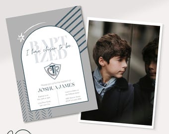 May include: A gray and blue baptism invitation with a white arch and the text "Baptized I have chosen to be..." with a Christian symbol. The invitation includes the name Joshua James and the date and time of the baptism.