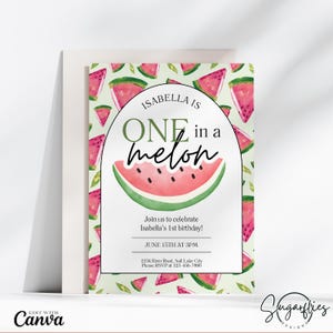 Watermelon 1st Birthday Invitation, One in a Melon Birthday Party Invitation, Summer First Birthday Invitation, Canva Template, Photo Invite