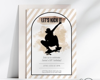 Skateboard Birthday Invitation, Retro Skater Party Invite, Urban Sports, Let's Kick It, Skateboard Invite, Instant Download, Canva Template