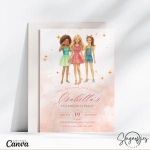 Convite para festa de aniversário com boneca retrô, convite para festa rosa "Vamos lá", download instantâneo, modelo do Canva, "Vamos, Barbi", cartão personalizado, foto